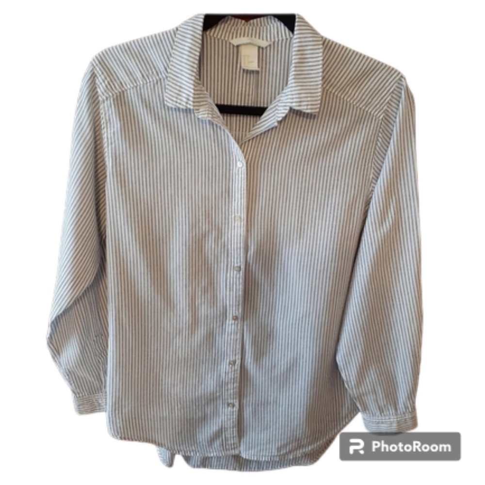 H&M Blue & White Striped Long Sleeve Button Up Shirt - Size 6